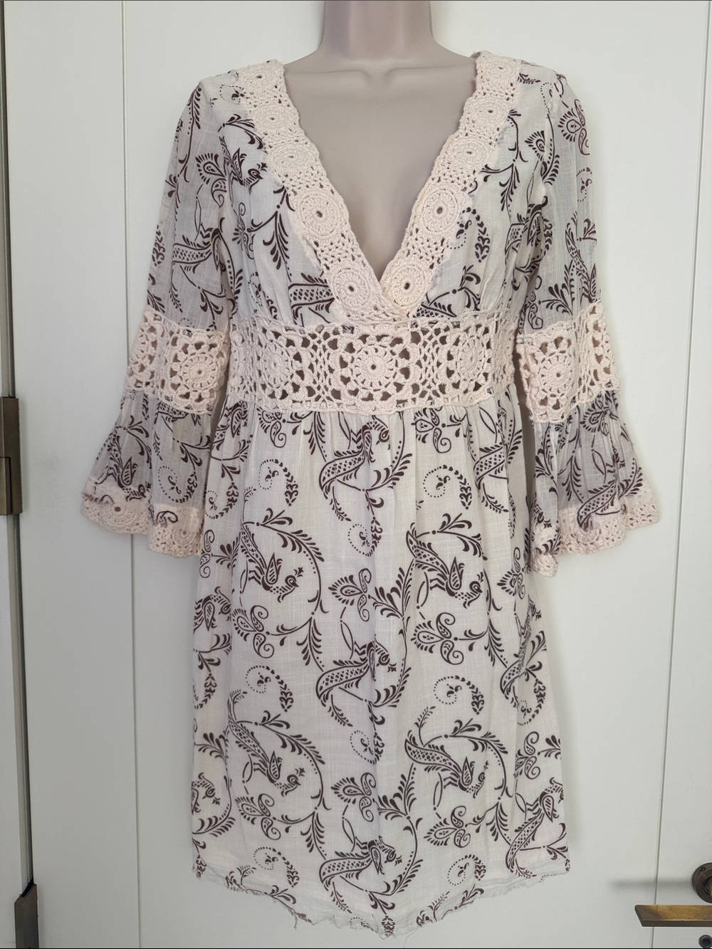 Joie Ivory Brown Floral Print Cotton Voile Crochet Lace Trim Dress Cover Up S